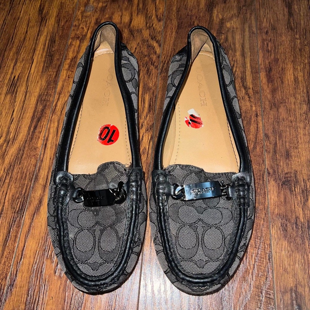 Coach Jacquard Grey Black Olive Metal Bit Slip On Loafer Flats